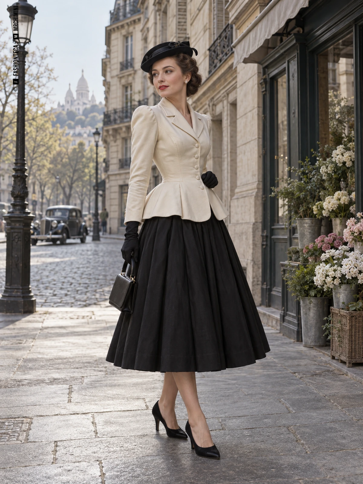 Recreación del New Look de 1947 en una calle parisina: chaqueta marfil entallada, falda negra amplia, sombrero y guantes.