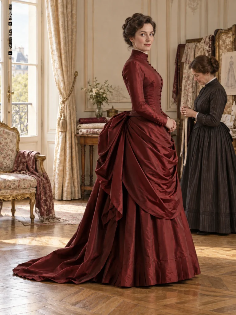 Mujer con vestido de polisón burdeos en un salón de costura ambientado en el París de finales del siglo XIX.