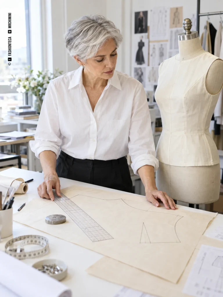 Patronista compara un patrón de cuerpo en papel con una toile ajustada sobre un maniquí.