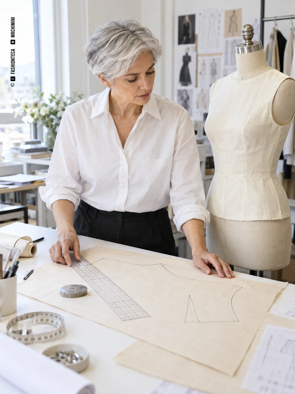 Patronista compara un patrón de cuerpo en papel con una toile ajustada sobre un maniquí.