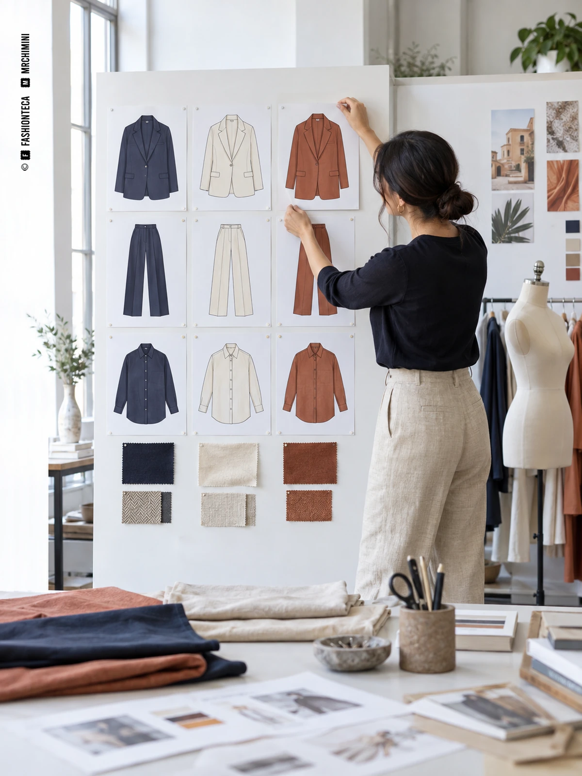 Diseñadora organiza dibujos de chaquetas, pantalones y camisas junto a muestras de una paleta coordinada.