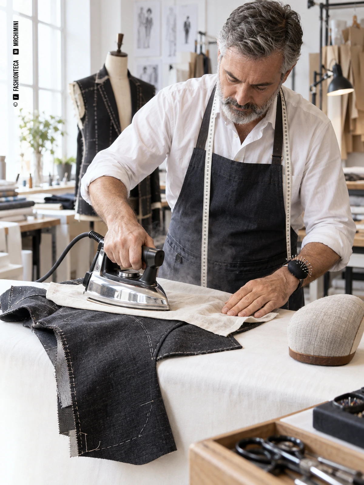 Sastre asienta una costura con un paño de plancha sobre una chaqueta en proceso de confección.