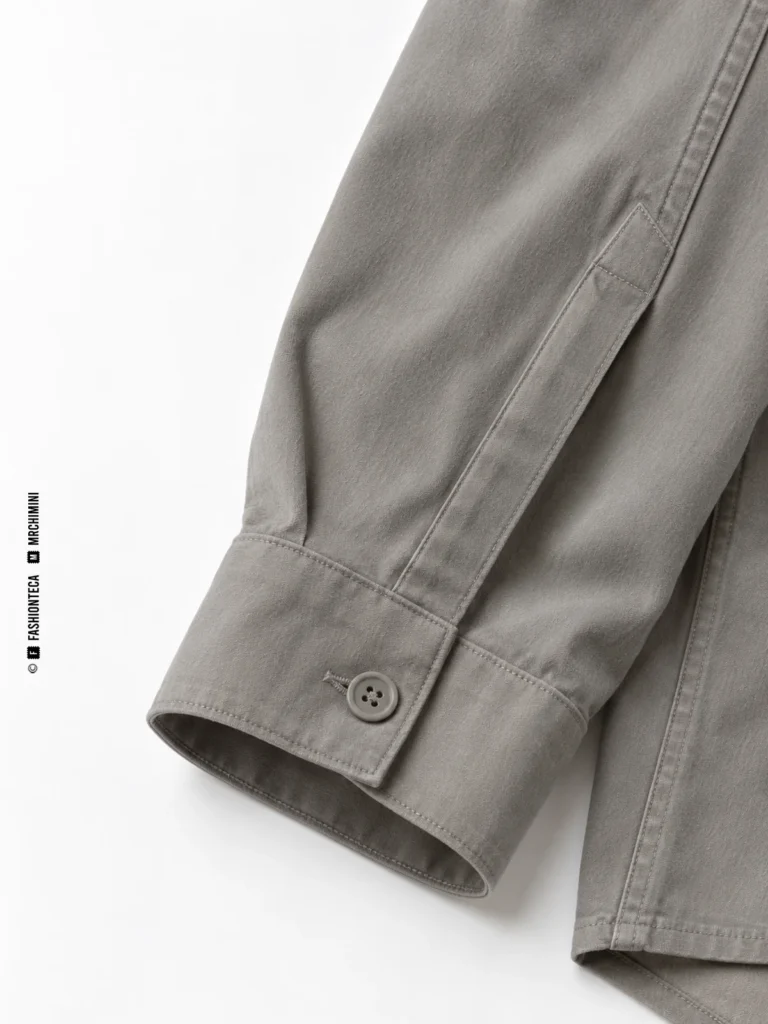 Detalle del puño con botón, abertura de manga y costuras de una sobrecamisa gris.