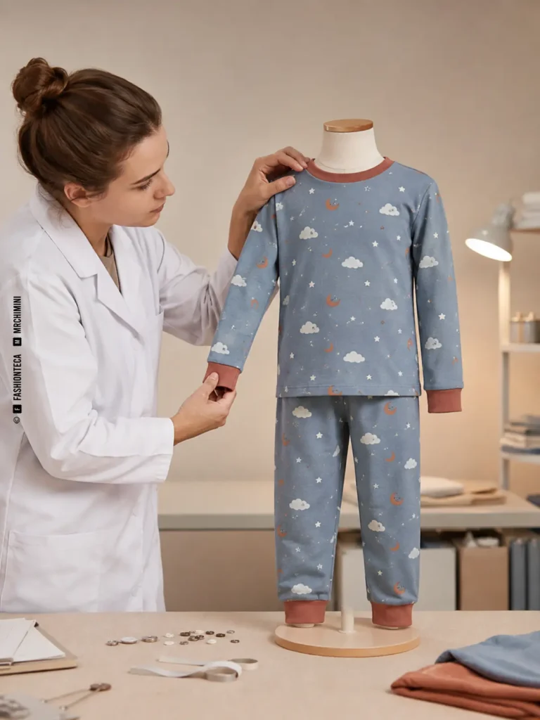 técnica textil revisando la seguridad de un pijama infantil sobre maniquí