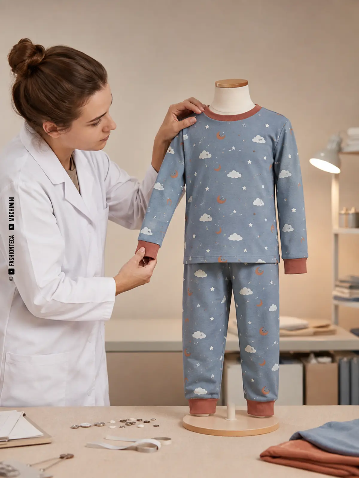 técnica textil revisando la seguridad de un pijama infantil sobre maniquí
