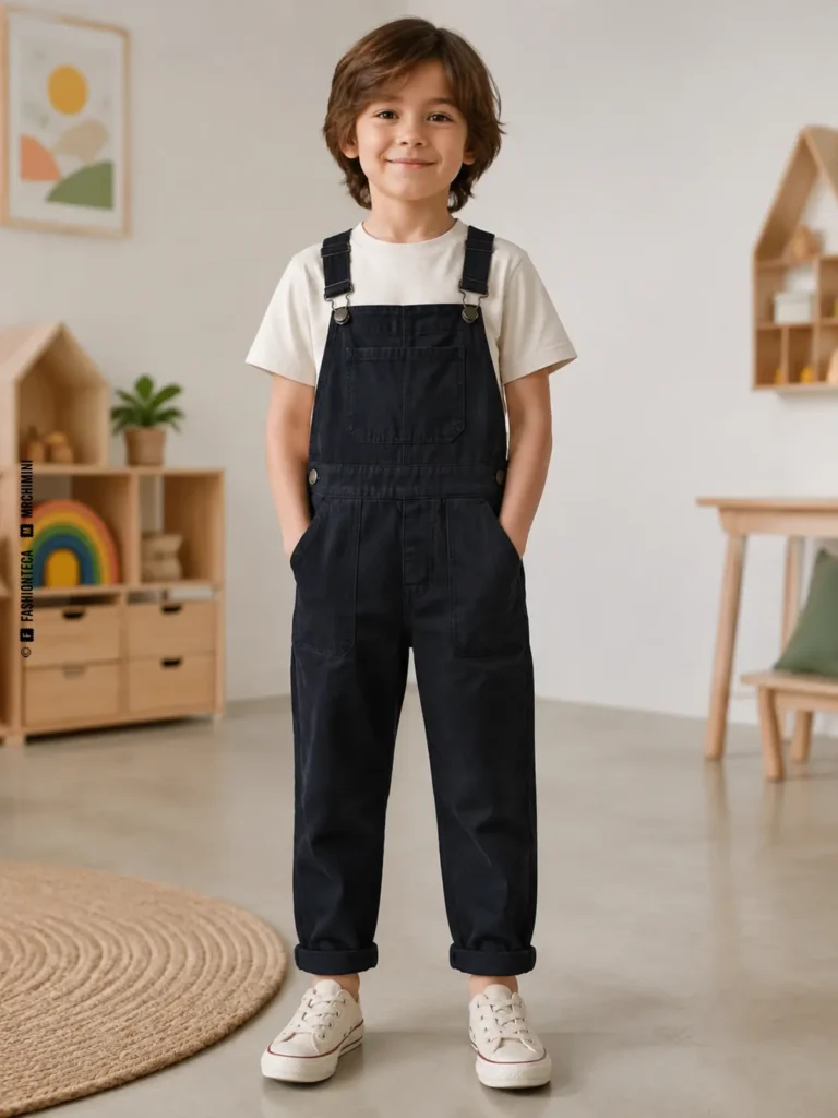 niño con peto infantil negro de pechera, tirantes y pantalón largo