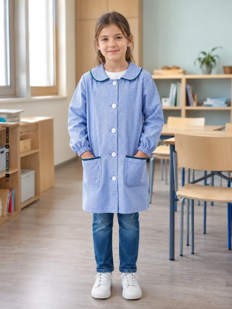 niña con babi escolar azul de botones y bolsillos en un aula