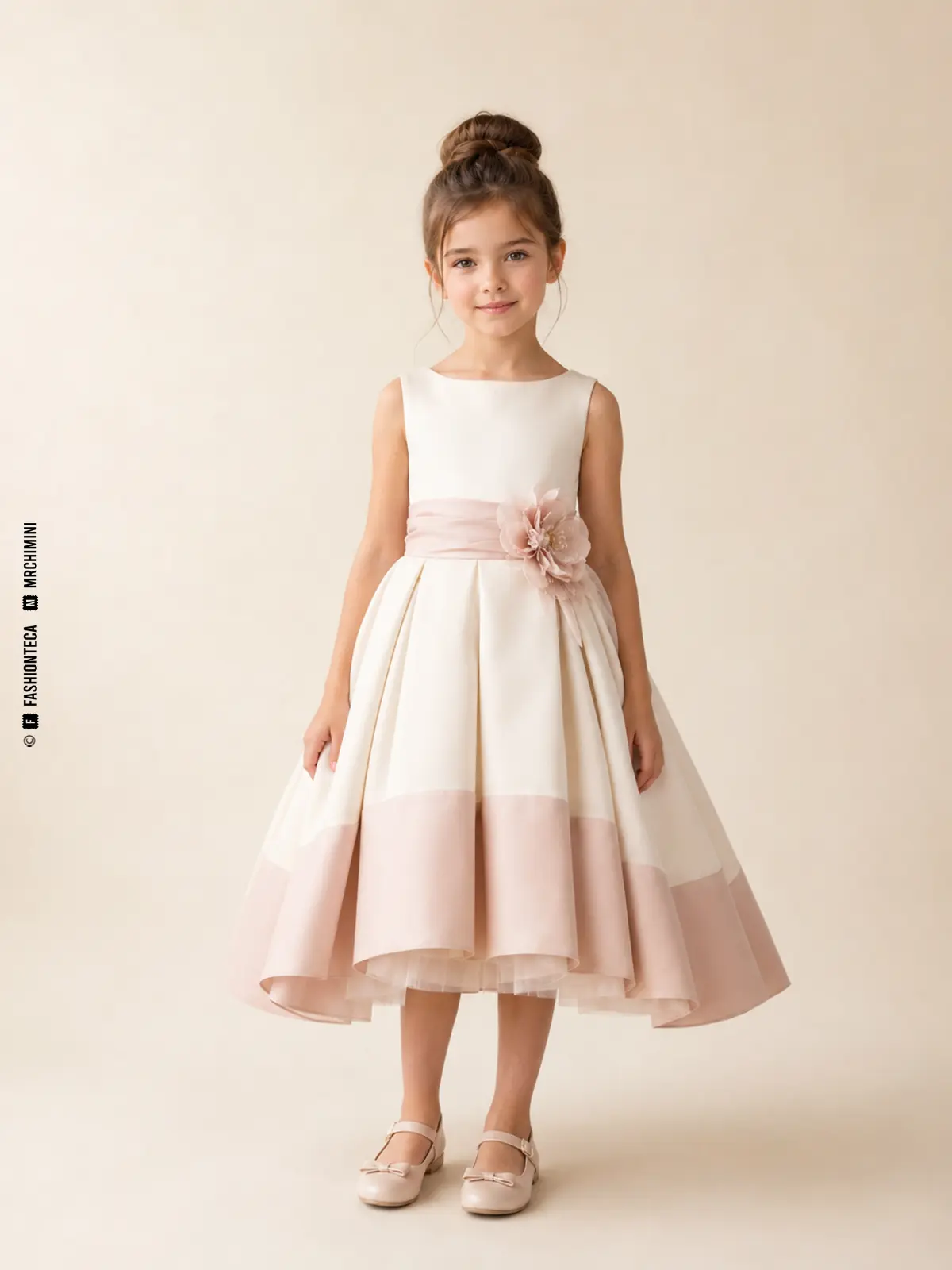 niña con vestido de ceremonia infantil contemporáneo en estudio
