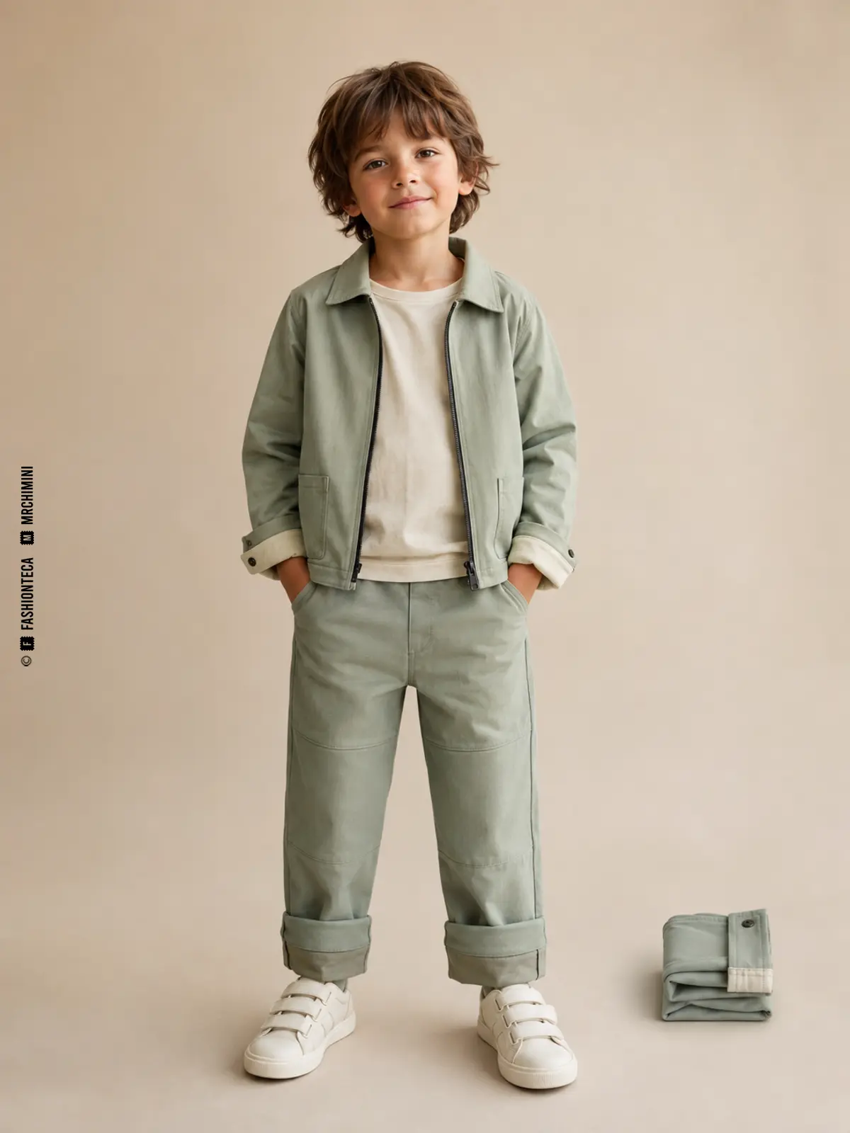 niño con ropa evolutiva de puños y bajos extensibles en estudio