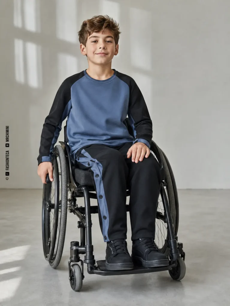 niño usuario de silla de ruedas con conjunto infantil adaptable contemporáneo