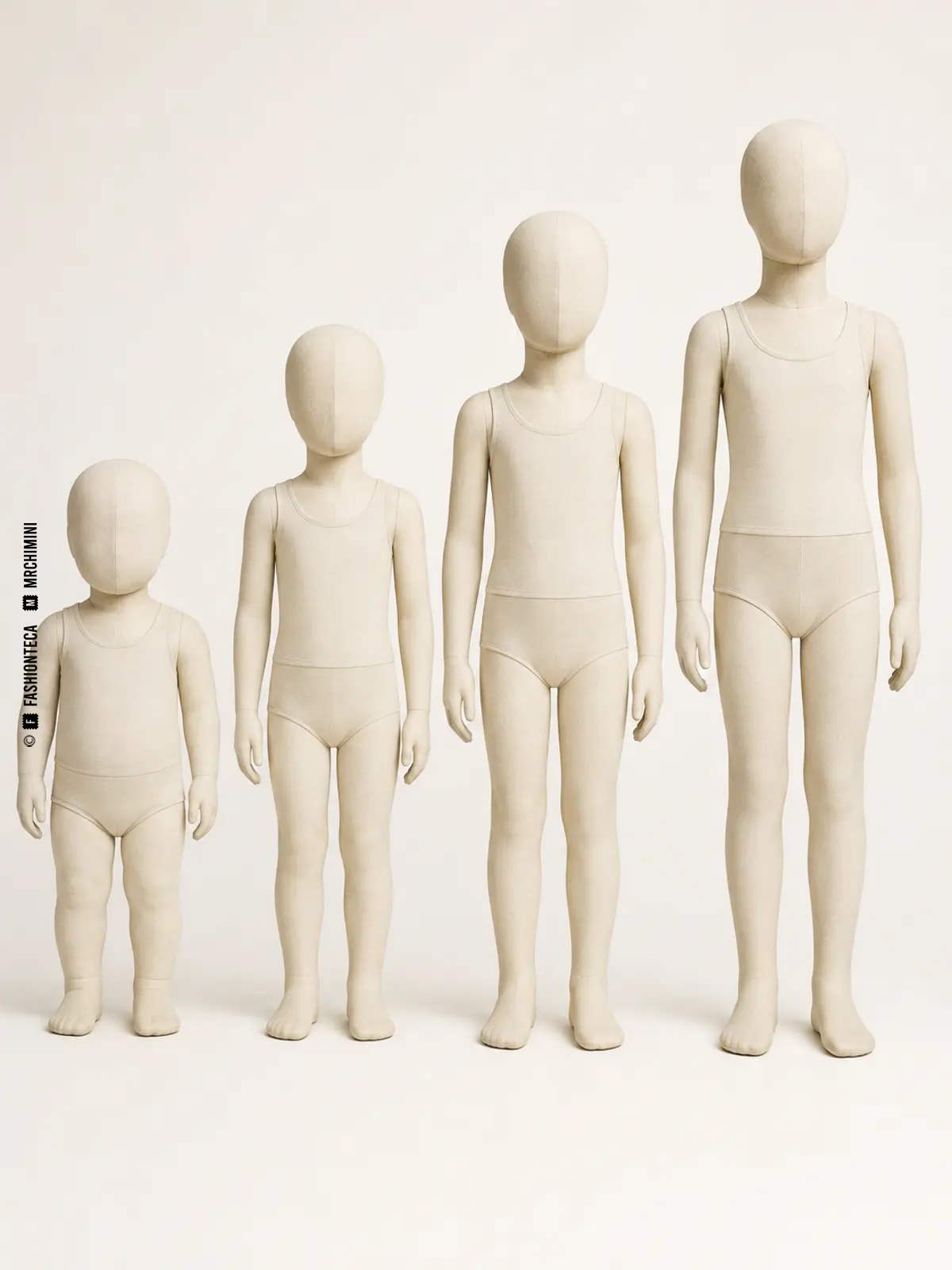 serie de maniquíes que muestra proporciones corporales en distintas etapas infantiles
