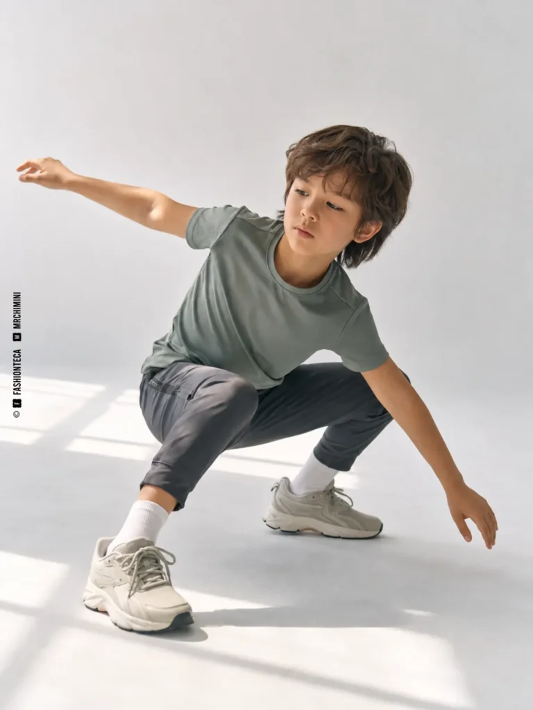 niño realizando una sentadilla que muestra movilidad de la ropa infantil