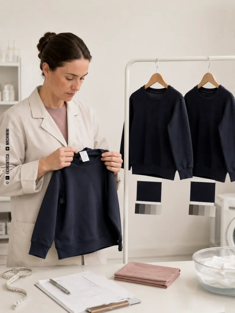 técnica textil evaluando una sudadera infantil antes y después del lavado