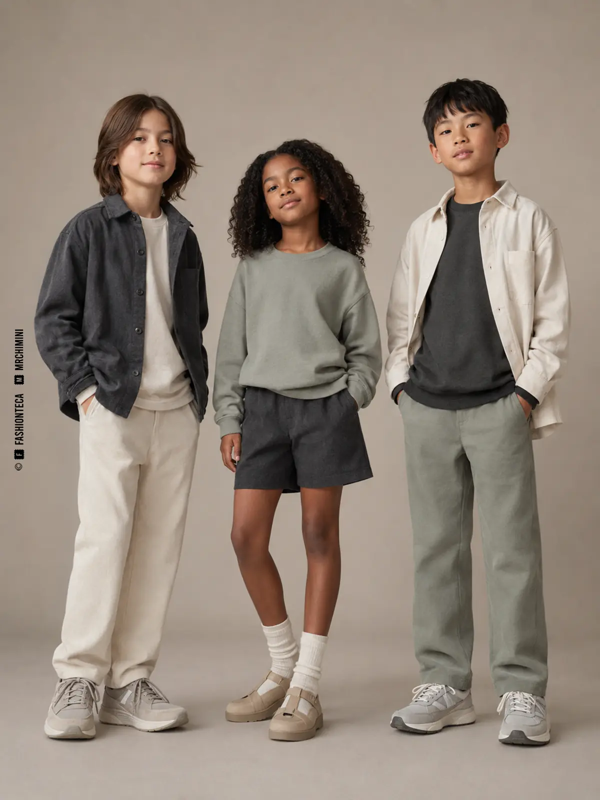 tres niños con una cápsula contemporánea de moda infantil unisex