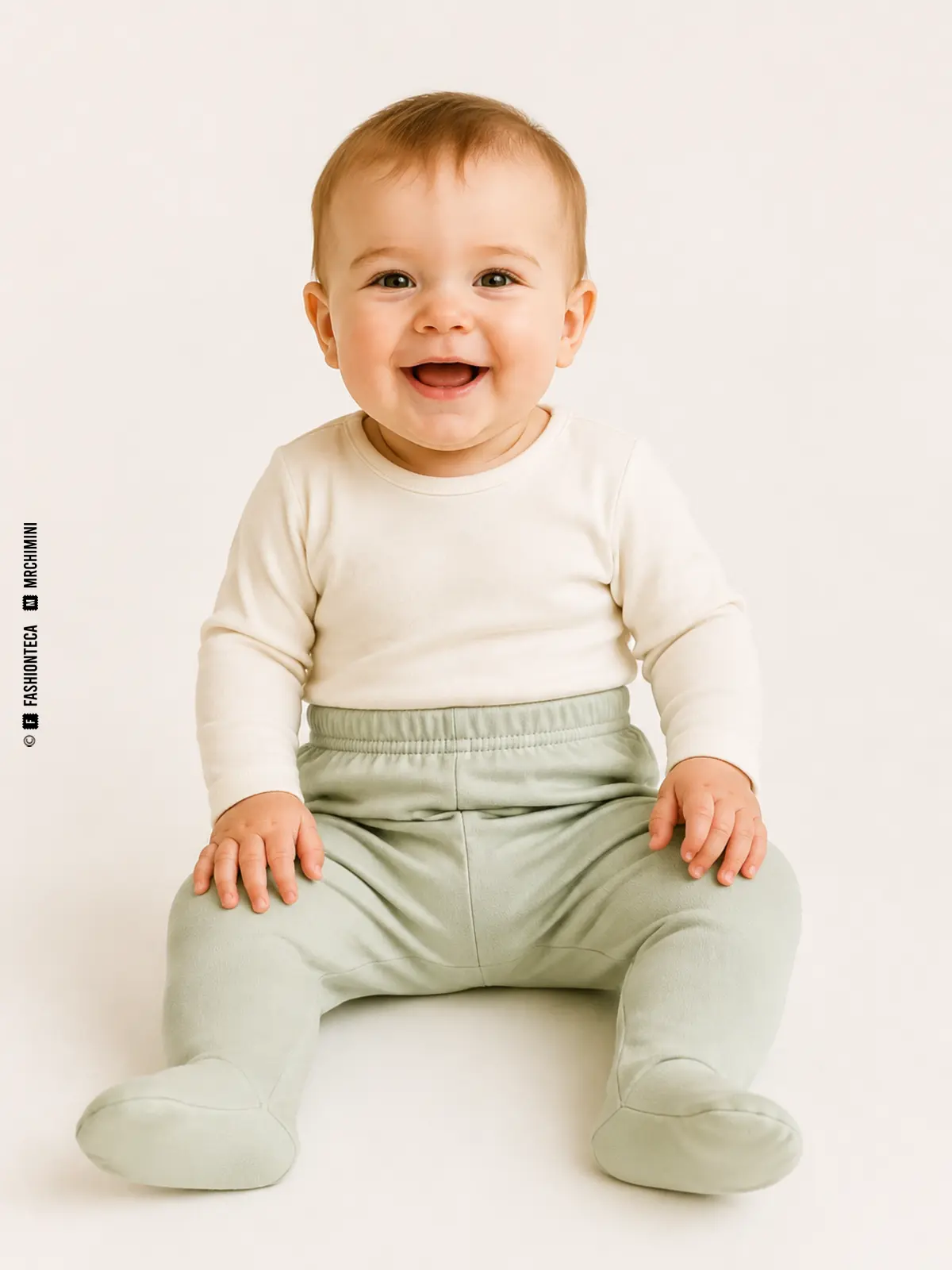 bebé sentado con pantalón verde suave de pies integrados y camiseta cruda