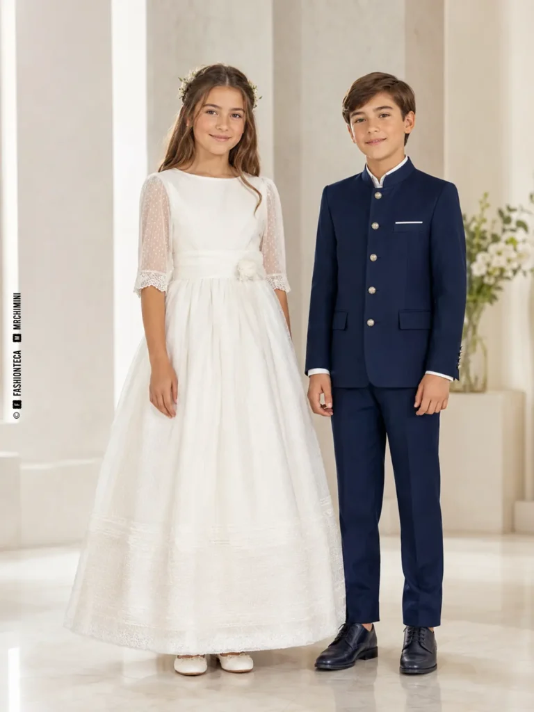 niña con vestido blanco y niño con traje azul de Primera Comunión