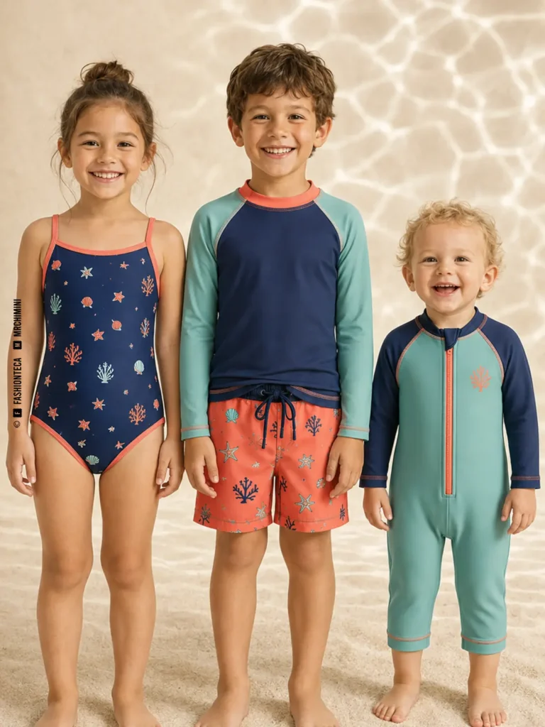 tres niños de distintas edades con bañador, camiseta acuática y traje de baño integral