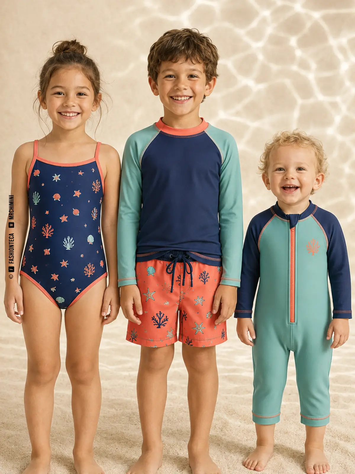 tres niños de distintas edades con bañador, camiseta acuática y traje de baño integral