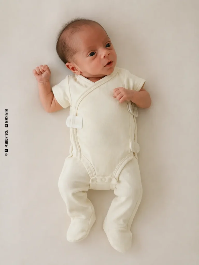 bebé prematuro tumbado boca arriba con body cruzado y pantalón con pies integrados de aperturas laterales