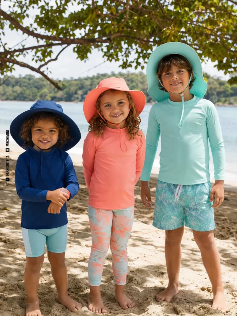 tres niños con ropa de protección solar y sombreros en una playa sombreada