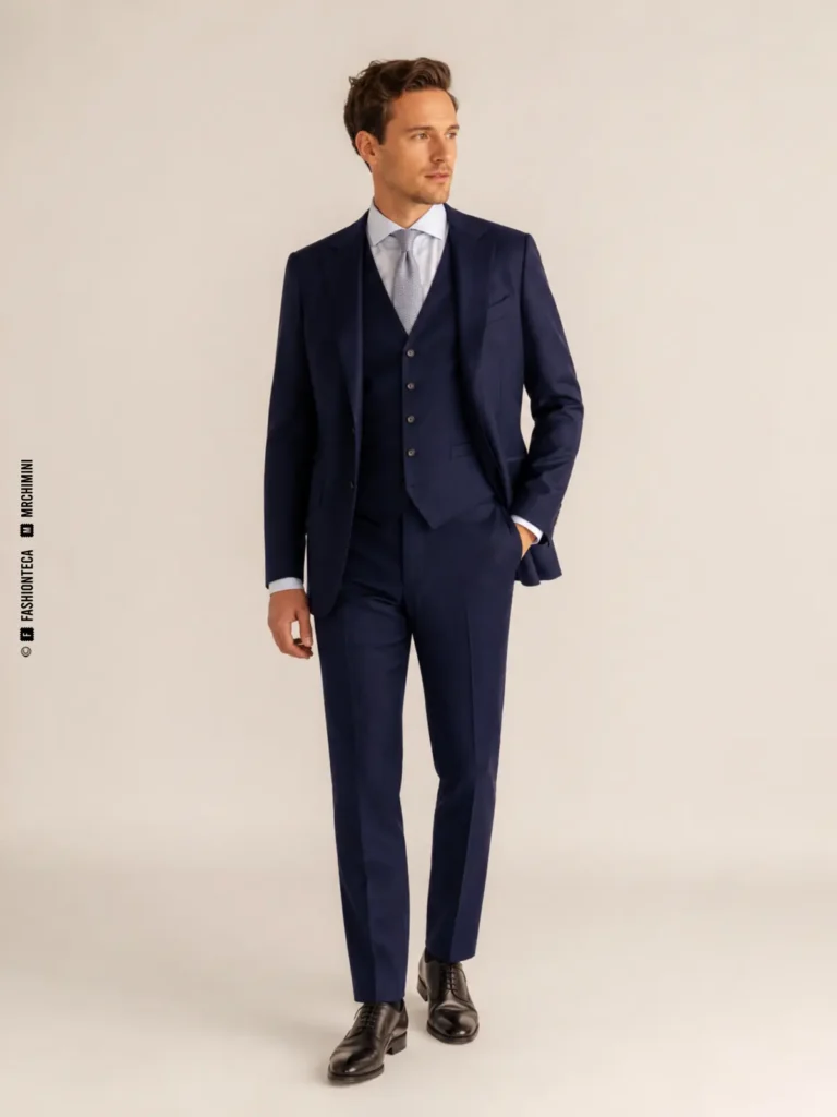 hombre con traje azul de tres piezas y chaleco visible bajo la chaqueta