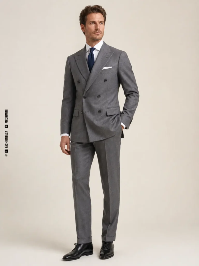 hombre con traje cruzado gris de seis botones y solapas de pico