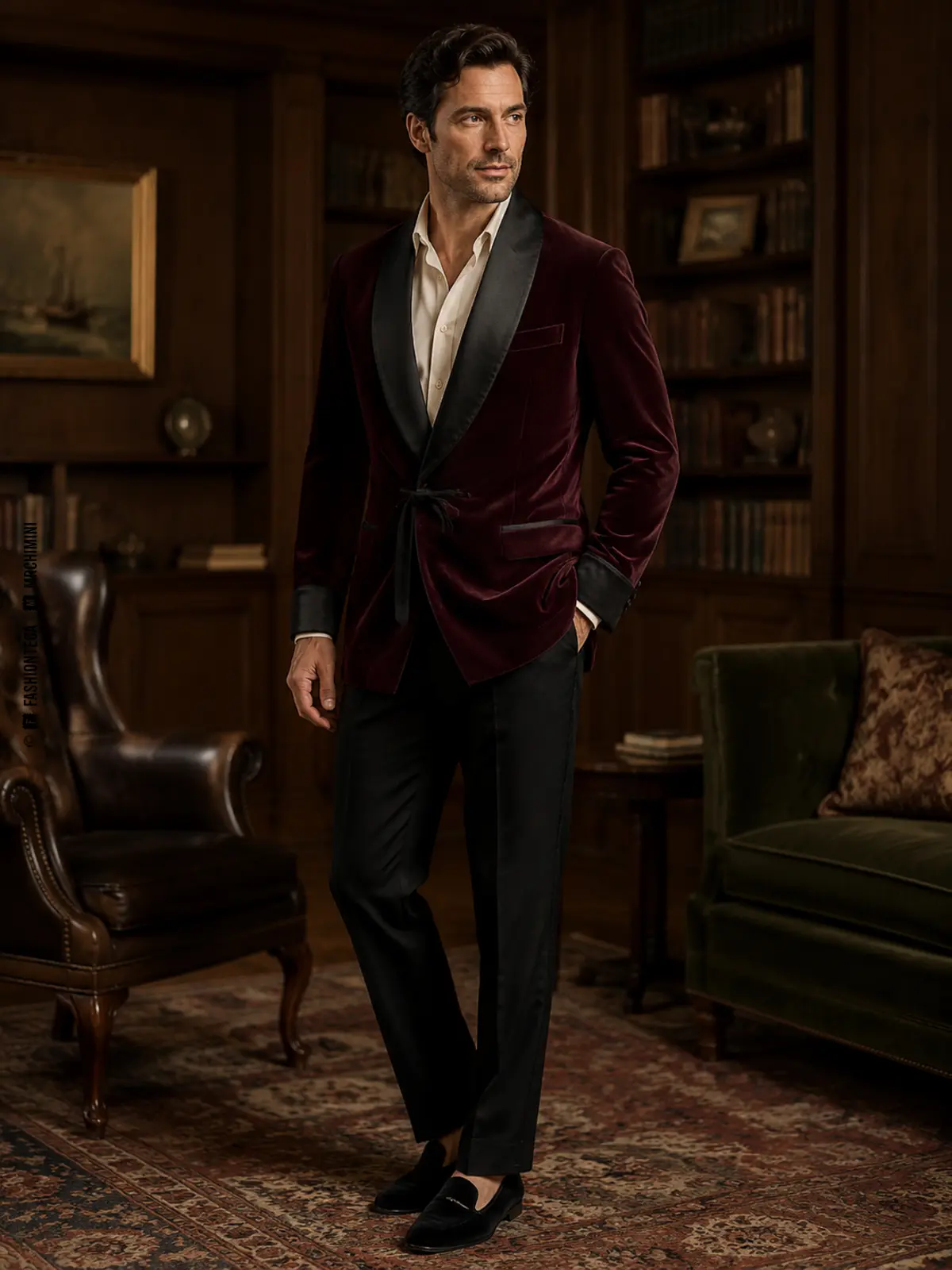 hombre con smoking jacket de terciopelo burdeos y solapa de chal negra