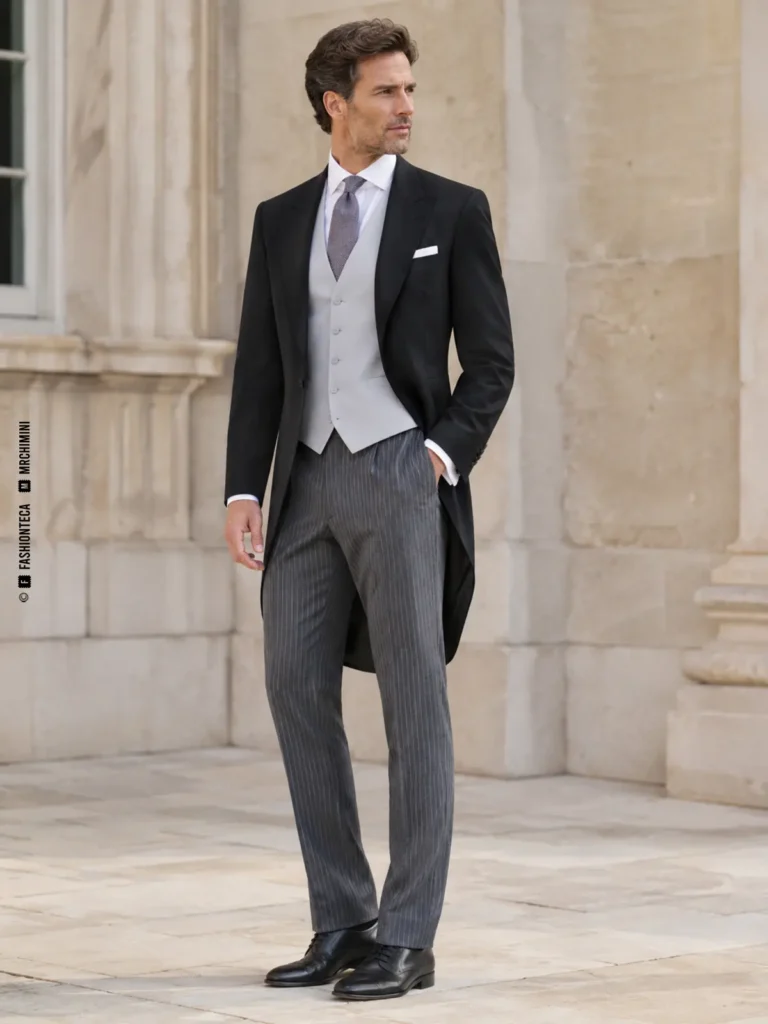 hombre con chaqué negro, chaleco gris y pantalón formal rayado en vista de tres cuartos