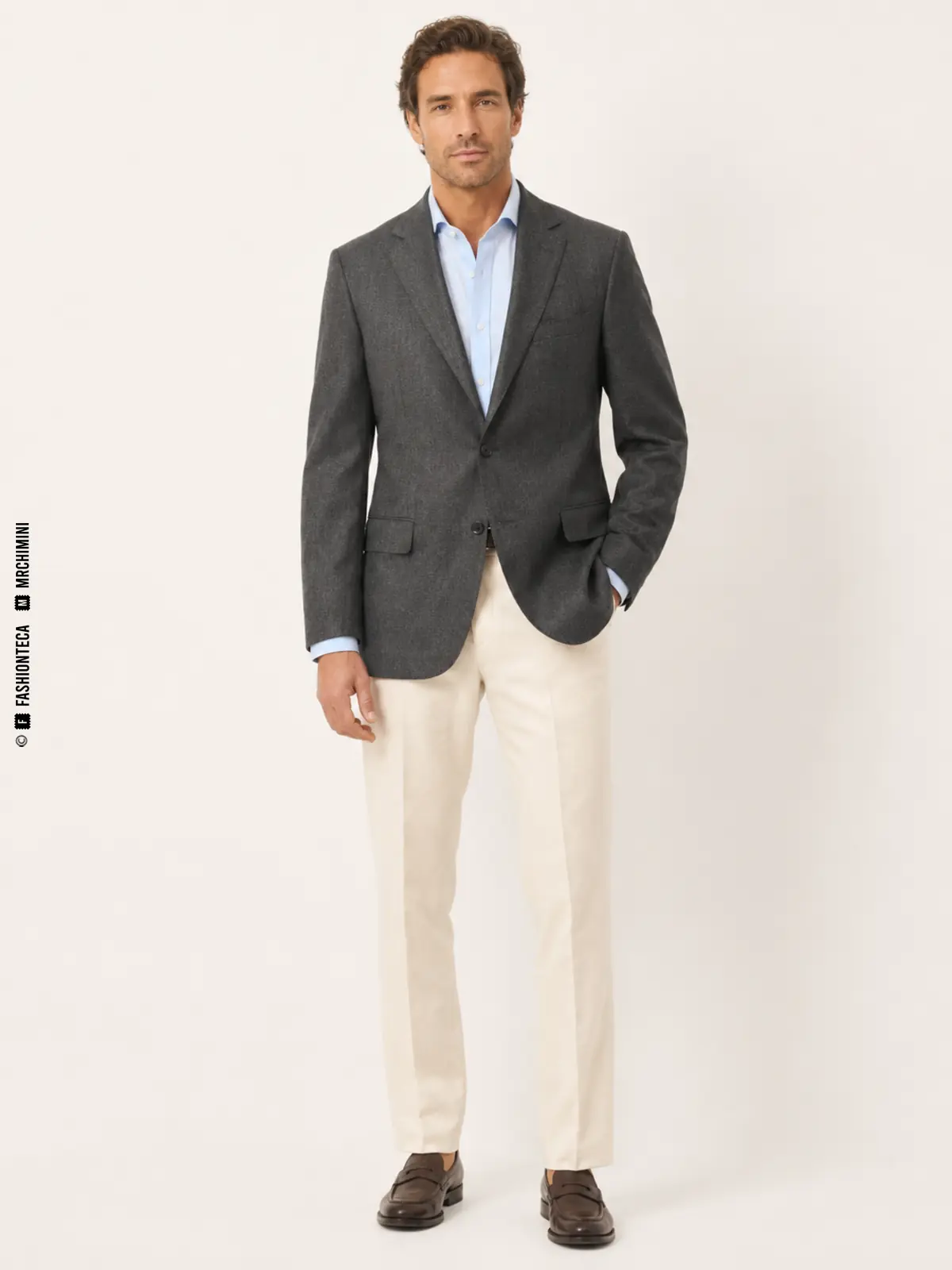hombre con americana gris de sastrería combinada con pantalón crema