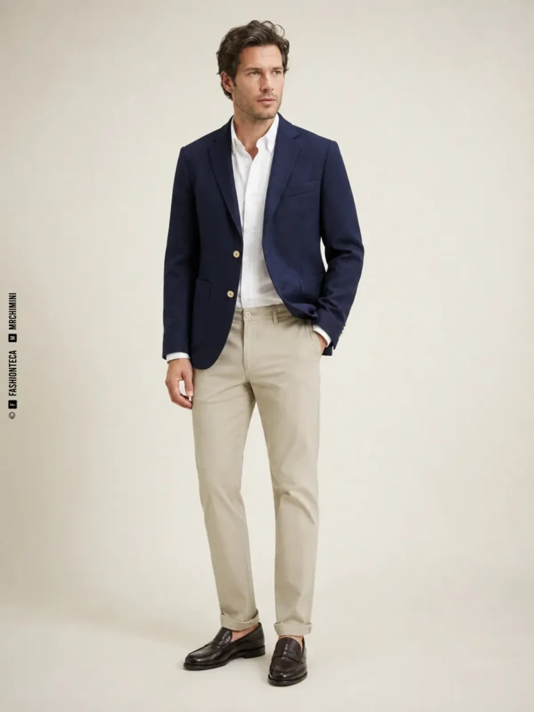 hombre con blazer azul marino de botones metálicos y pantalón claro