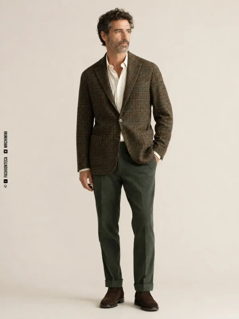 hombre con chaqueta sport de cuadros y textura combinada con pantalón verde
