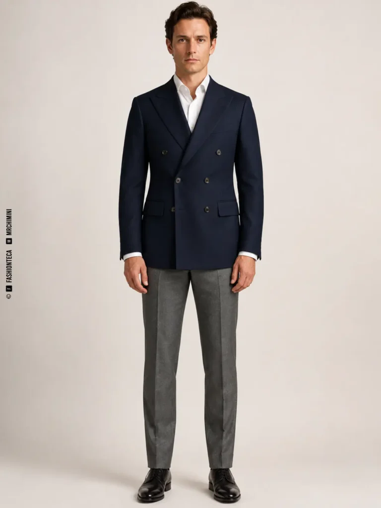 hombre con chaqueta cruzada azul marino de configuración seis por dos y pantalón gris