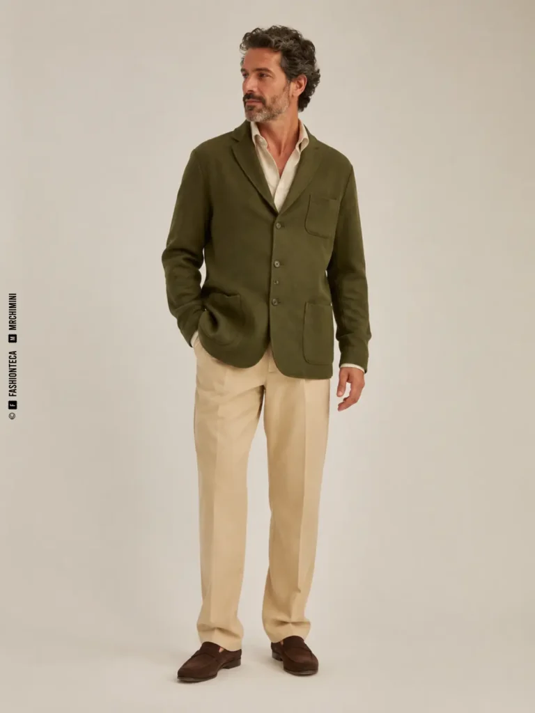 hombre con chaqueta Teba verde oliva desestructurada y pantalón beige