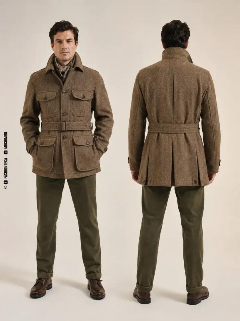 mismo hombre de frente y de espalda con chaqueta Norfolk de tweed, cinturón y pliegues