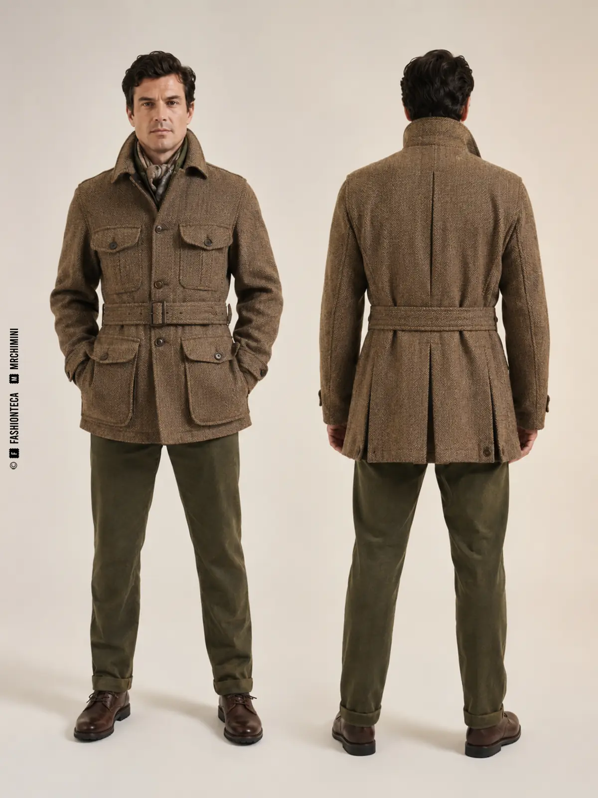 mismo hombre de frente y de espalda con chaqueta Norfolk de tweed, cinturón y pliegues