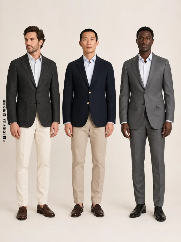tres hombres comparando americana gris separada, blazer azul y chaqueta de traje con pantalón coordinado