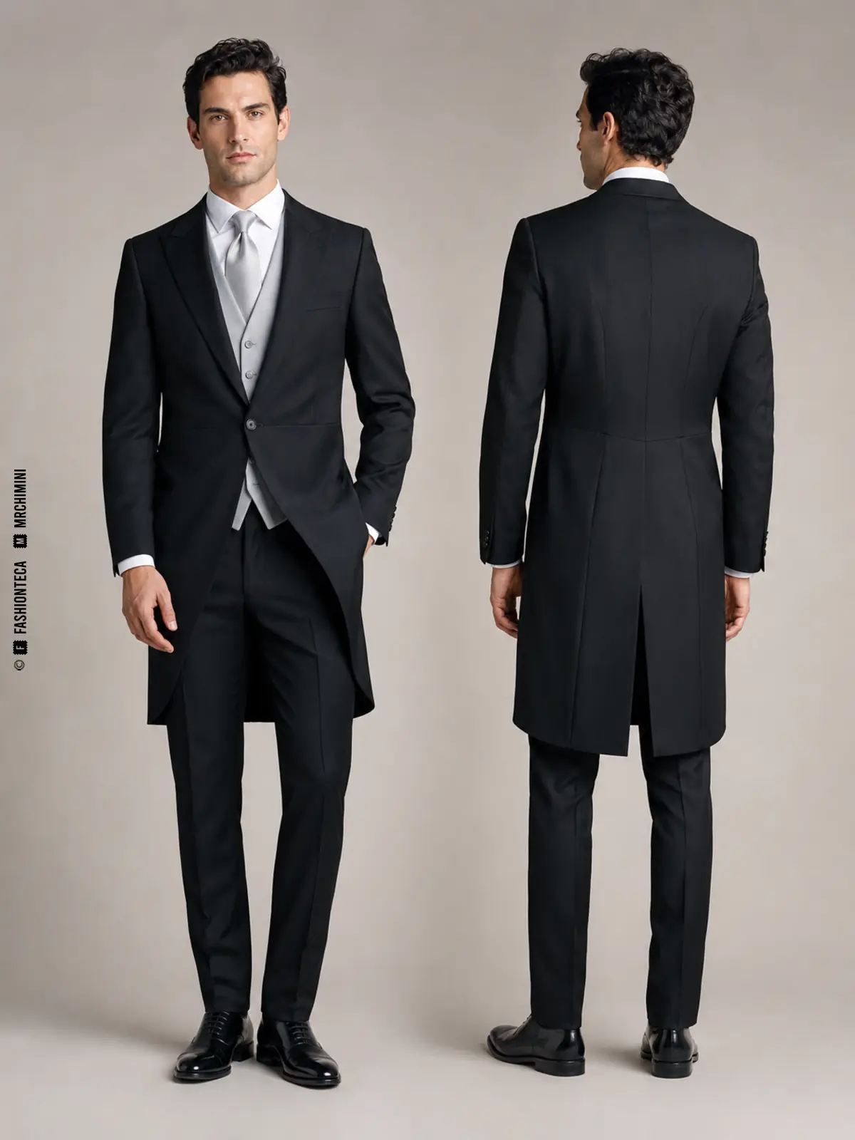 mismo hombre de frente y de espalda con levita moderna negra de novio, chaleco gris y faldón largo