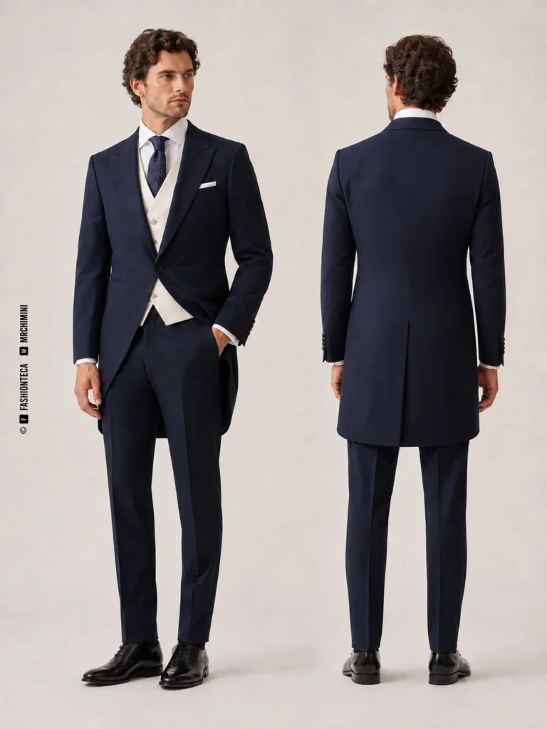 mismo hombre de frente y de espalda con semichaqué azul marino, chaleco marfil y pantalón coordinado