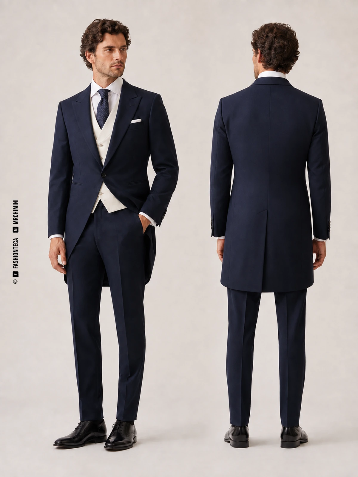 mismo hombre de frente y de espalda con semichaqué azul marino, chaleco marfil y pantalón coordinado