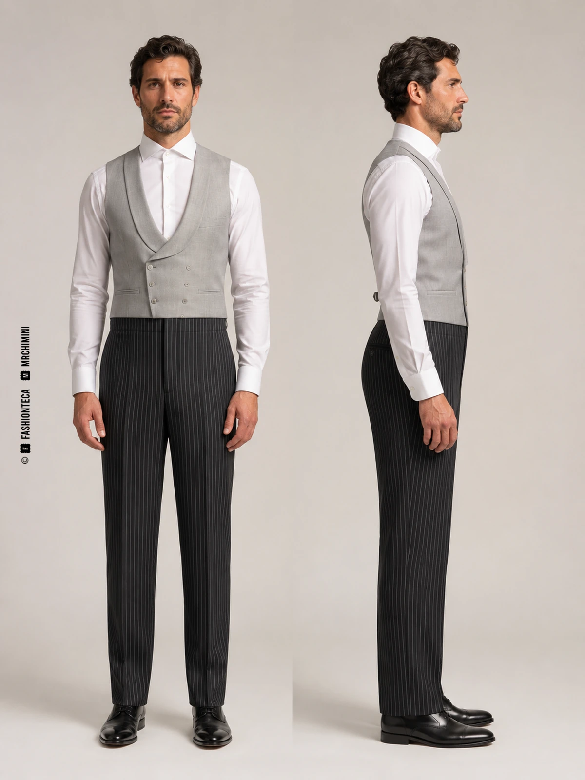 mismo hombre de frente y de perfil con pantalón de chaqué gris oscuro de rayas formales y chaleco claro