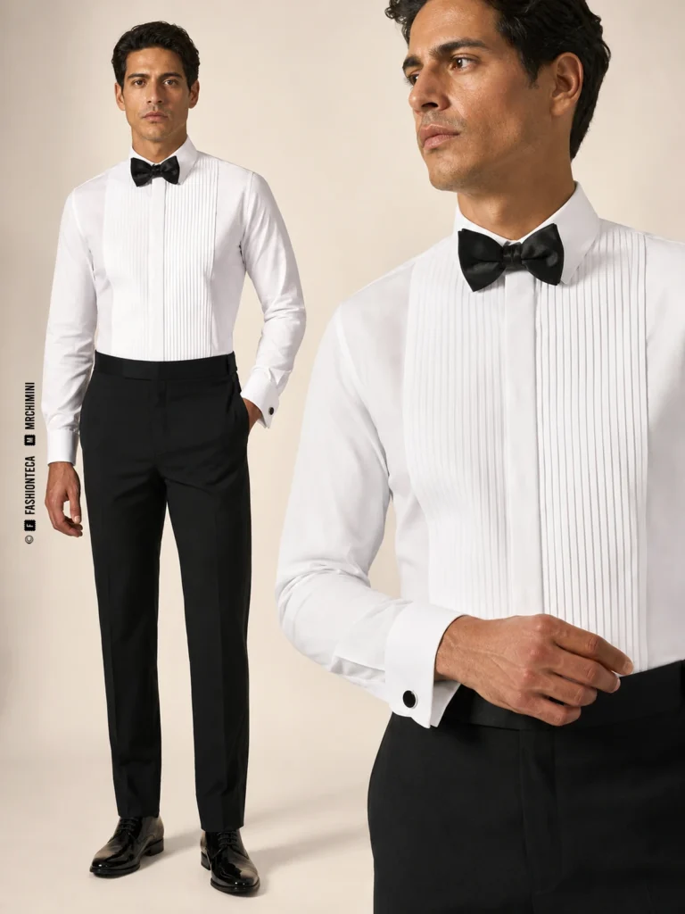 mismo hombre con camisa blanca de esmoquin, pajarita negra, pechera plisada y detalle de puño doble con gemelo