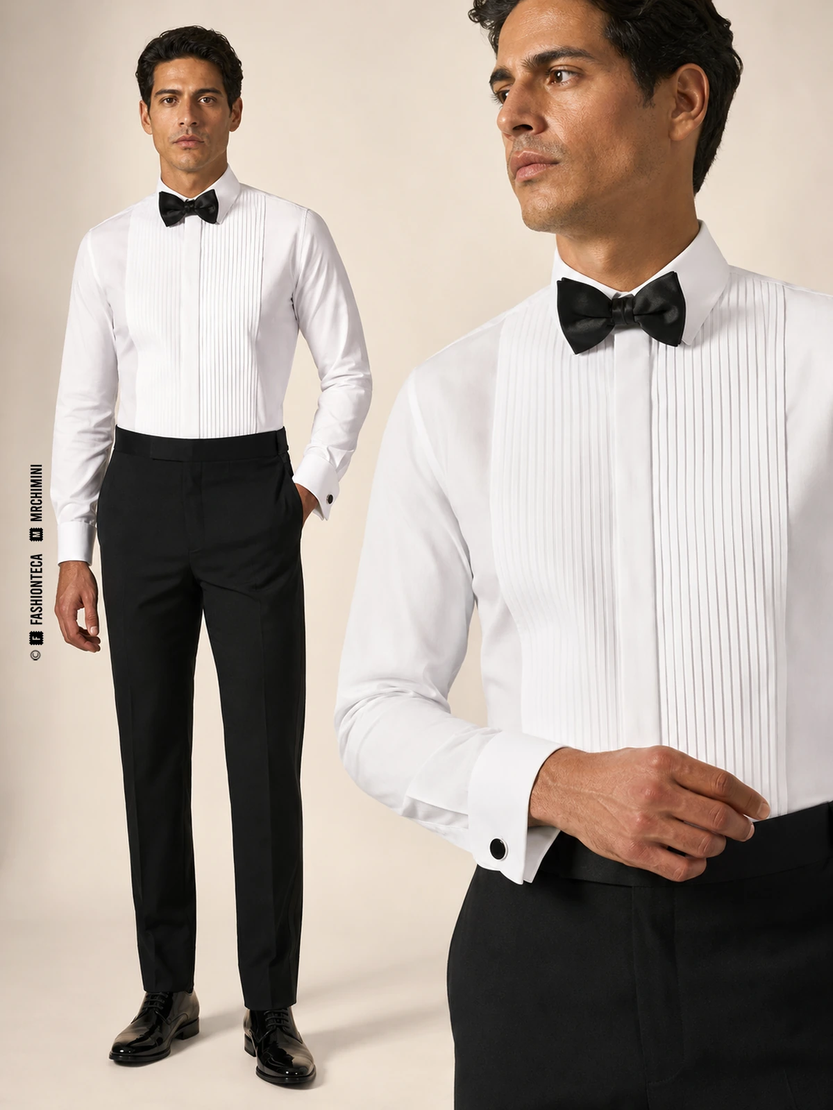 mismo hombre con camisa blanca de esmoquin, pajarita negra, pechera plisada y detalle de puño doble con gemelo