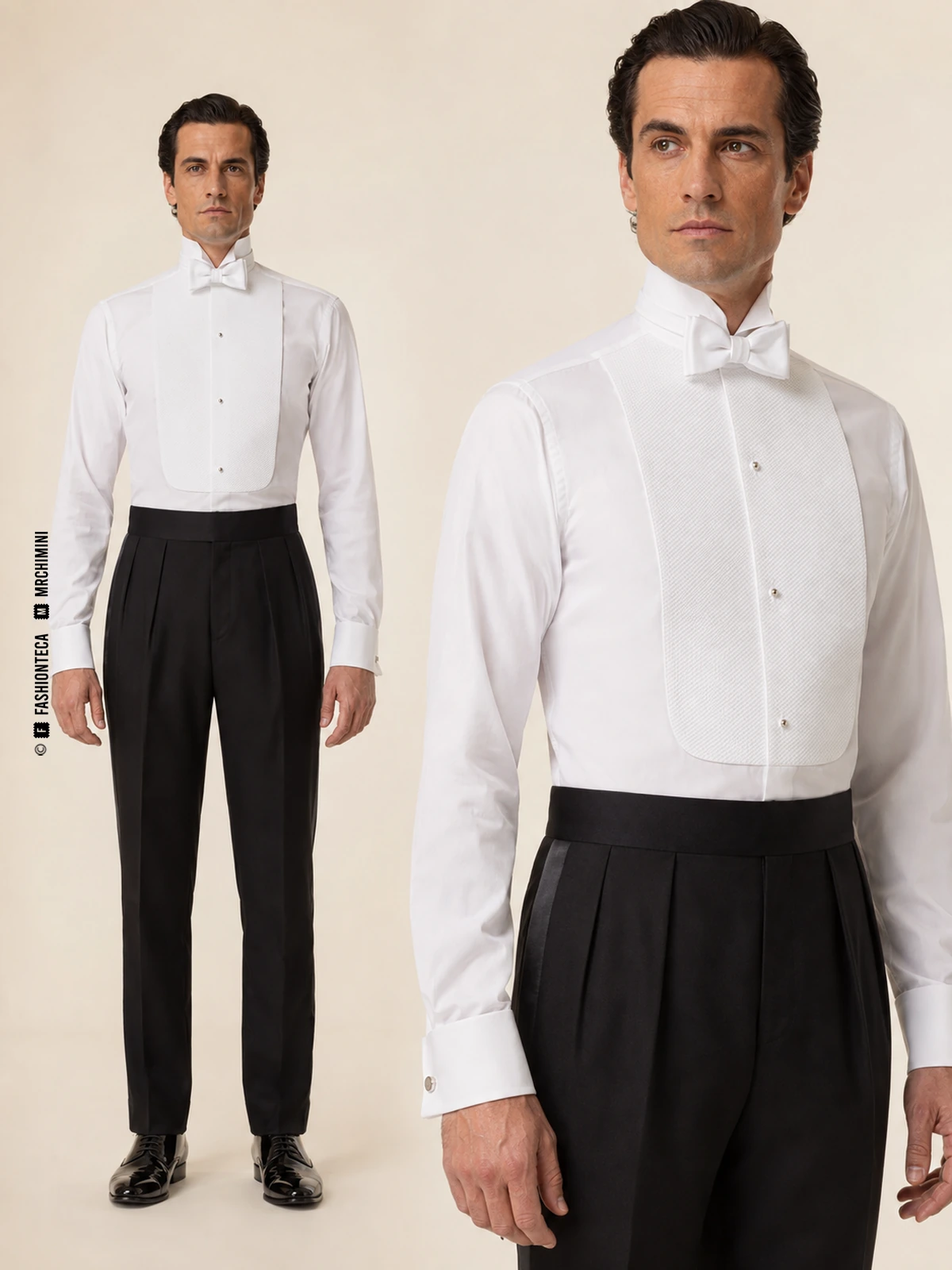 mismo hombre con camisa blanca de frac, cuello alto de puntas, pajarita blanca y pechera rígida de piqué en vista completa y detalle