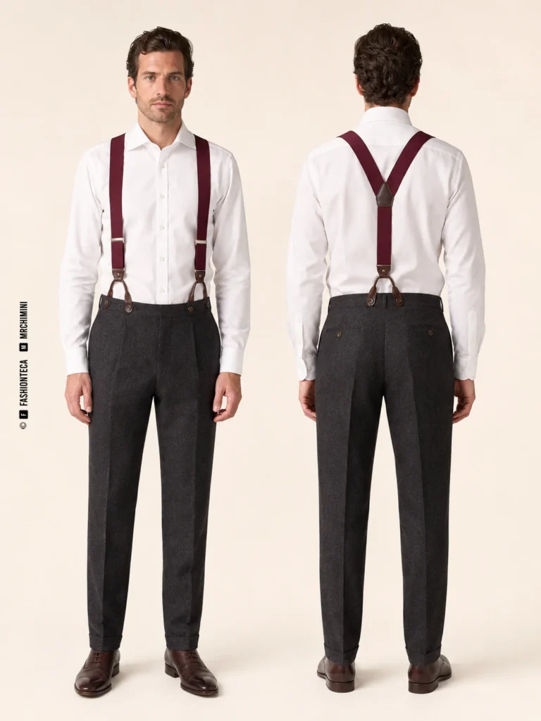 mismo hombre de frente y de espalda con camisa blanca, pantalón formal gris y tirantes burdeos de botón