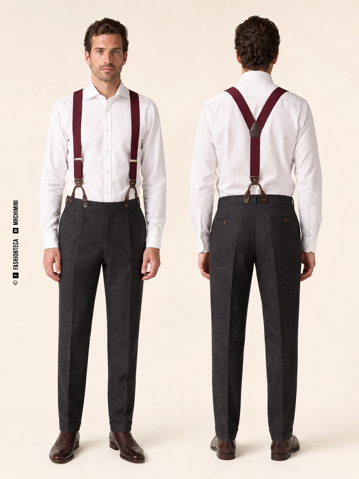 mismo hombre de frente y de espalda con camisa blanca, pantalón formal gris y tirantes burdeos de botón