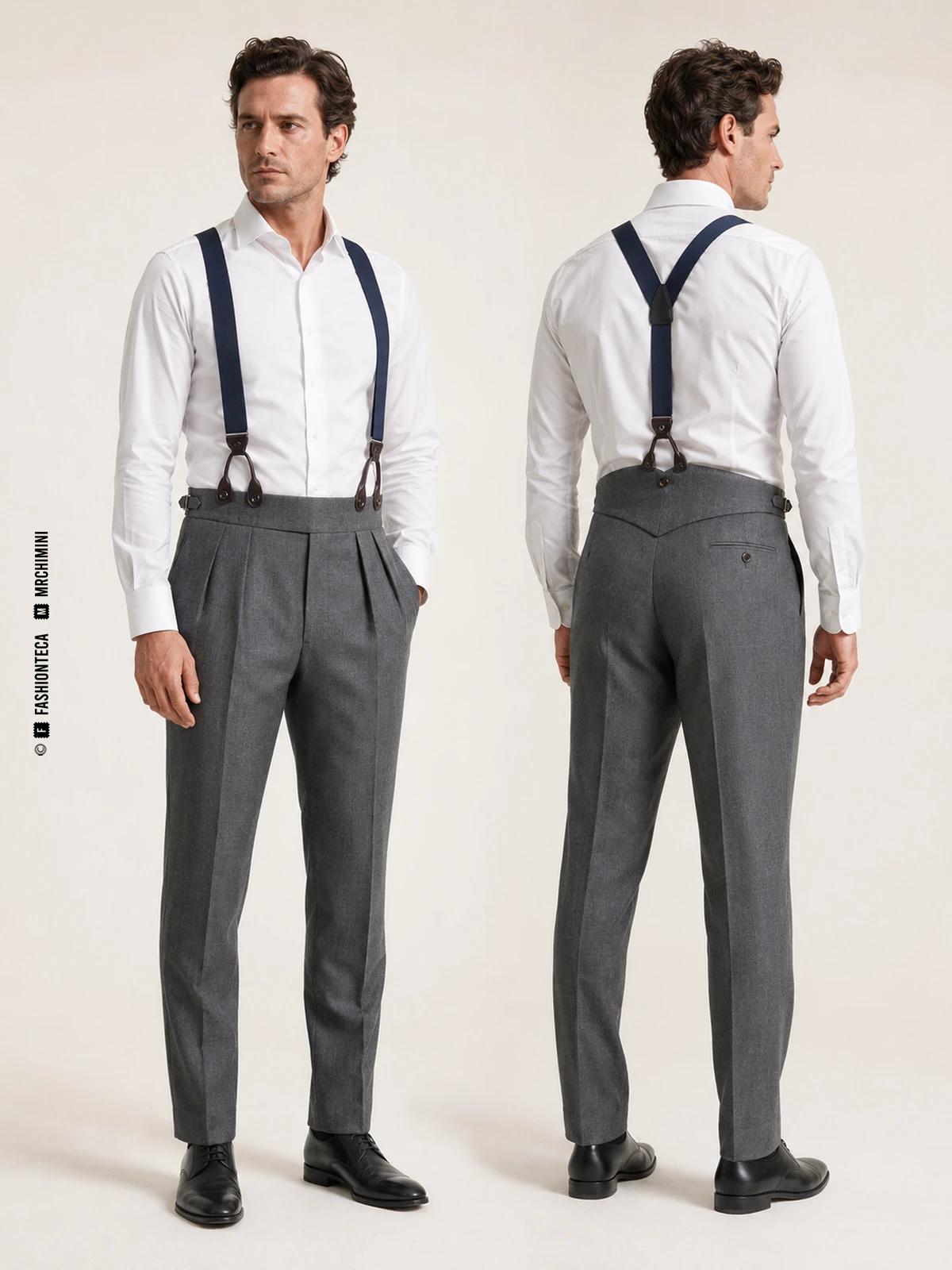 mismo hombre en vistas frontal y posterior con camisa blanca, tirantes azul marino y pantalón sastre gris de tiro alto y espalda en cola de pez