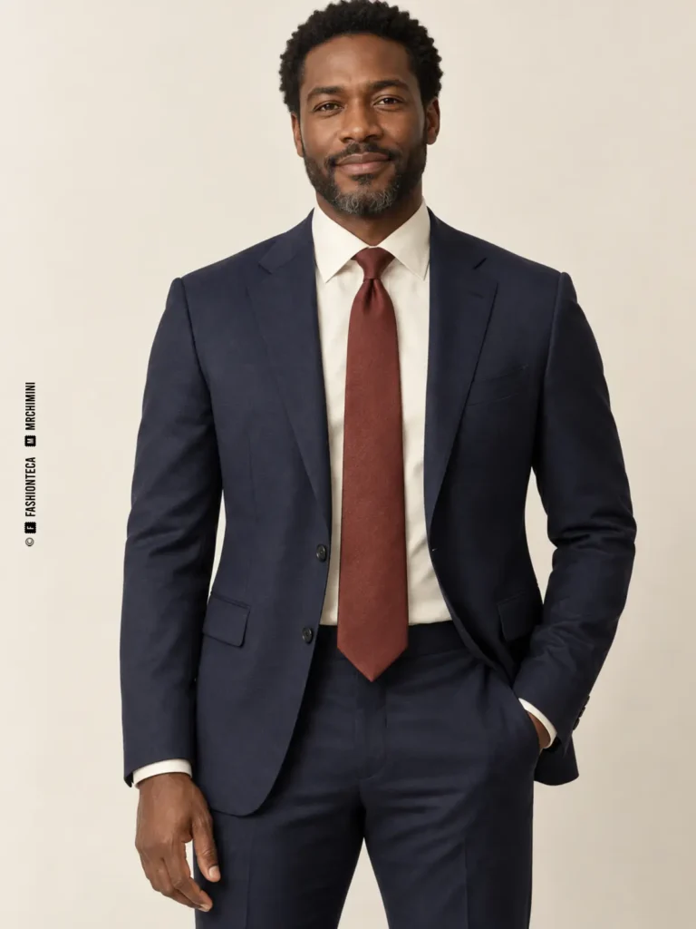 hombre con traje azul marino, camisa marfil y corbata larga de seda color óxido anudada hasta la cintura