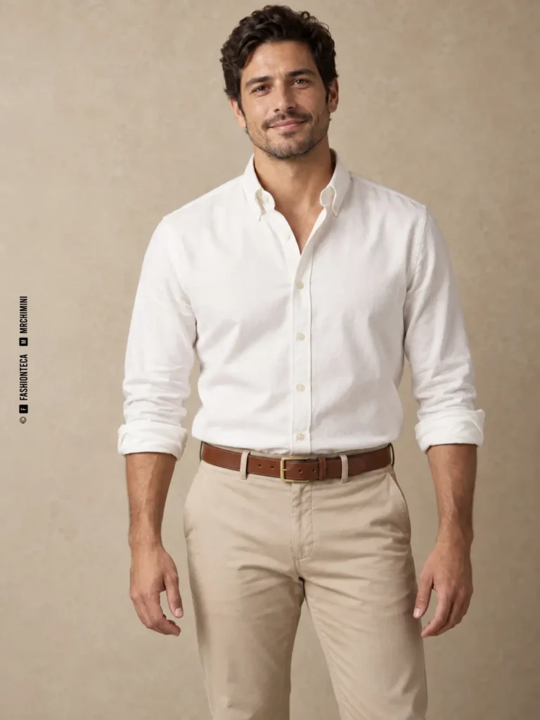 hombre con camisa marfil y pantalón beige sujeto por cinturón de cuero marrón con hebilla de marco