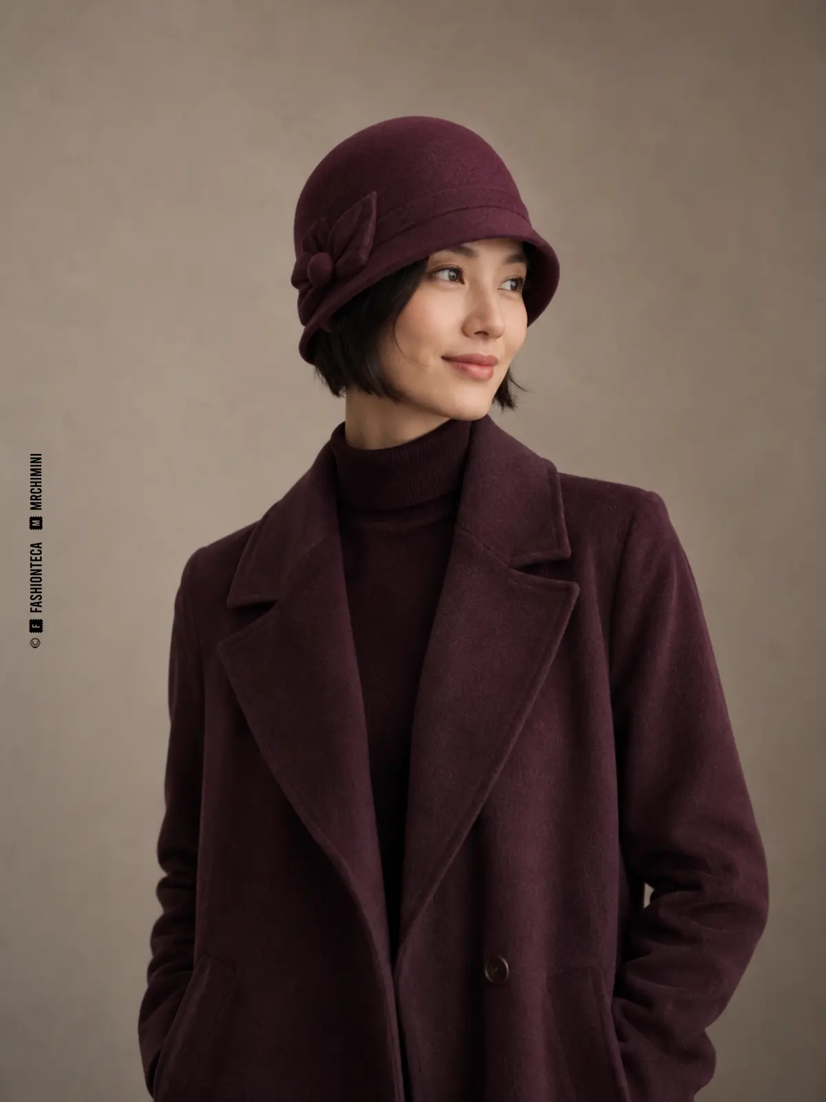CLOCHE — FASHIONTECA™ mujer con abrigo color ciruela y sombrero cloche de fieltro a juego, profundo y ajustado sobre la frente