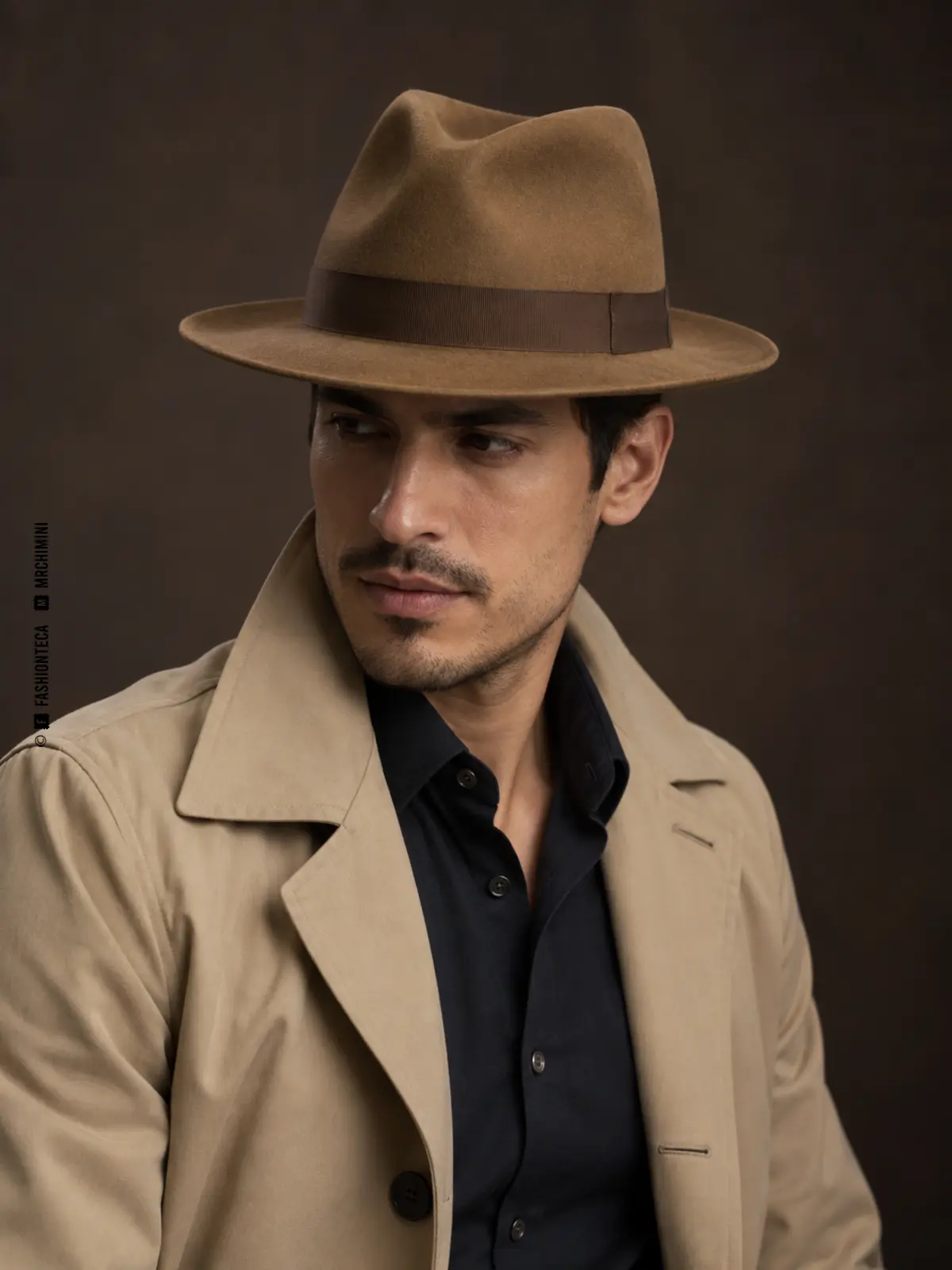 hombre con gabardina color camel y sombrero fedora de fieltro tostado con copa hendida, pellizcos frontales y ala media